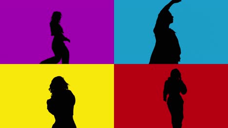 split screen studio silhouette of women dancing against coloured backgrounds