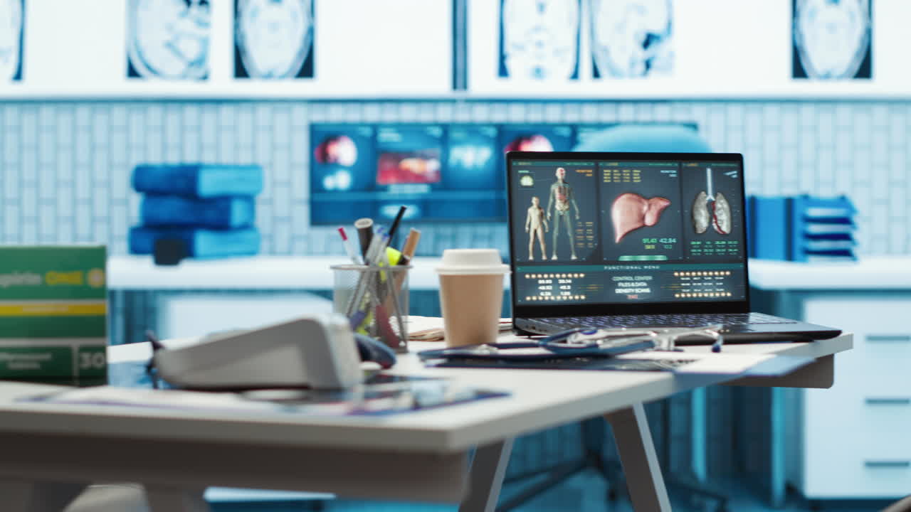 Ufficio medico vuoto con attrezzature mediche e farmaci moderni