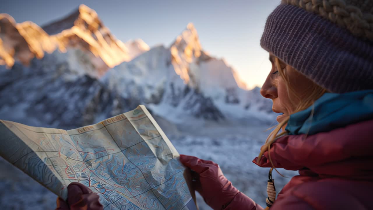 Nærbillede af en kvinde i vintertøj, der studerer et papirkort udendørs med sneklædte alpetoppe i baggrunden ved solopgang, rejse-, navigations- og eventyrkoncept