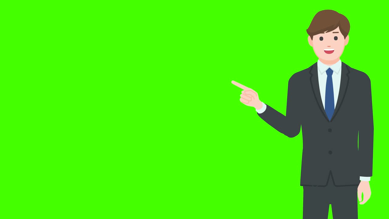 Talking businessman pointing at something isolated on green background