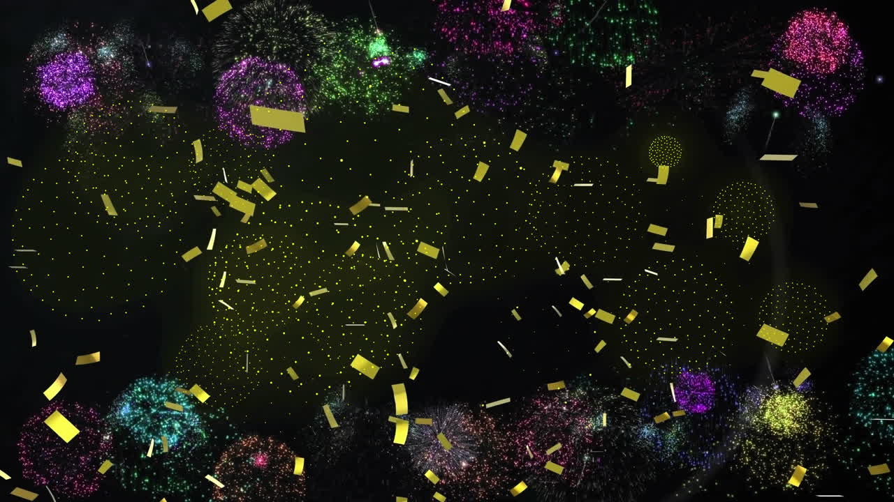 Animation of confetti and fireworks on black backrgound