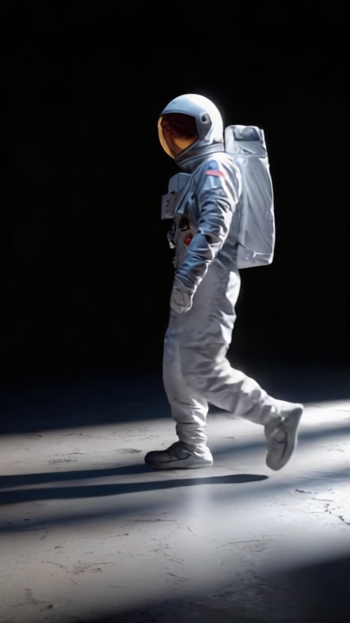 A solitary astronaut walks in the darkness, illuminated by a beam of light, representing exploration, isolation, and the vastness of outer space in a stunning visual