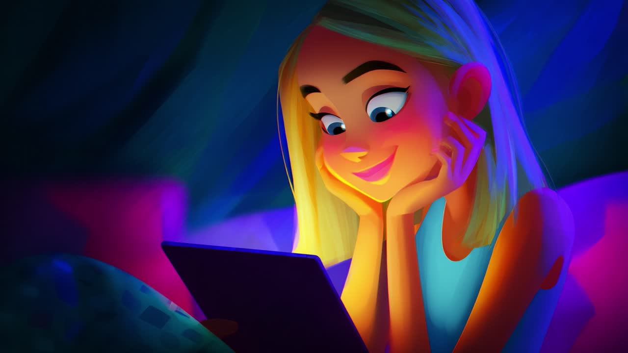 A captivated girl enjoying a luminous moment, immersed in the glow of a digital device, showcasing her joy and wonder within a cozy, colorful atmosphere as she connects with the world through her screen
