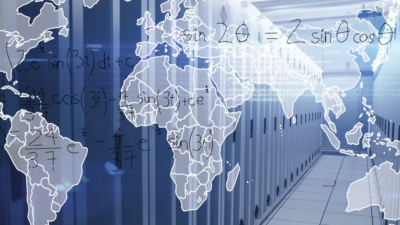 Animation of data processing and world map over server room