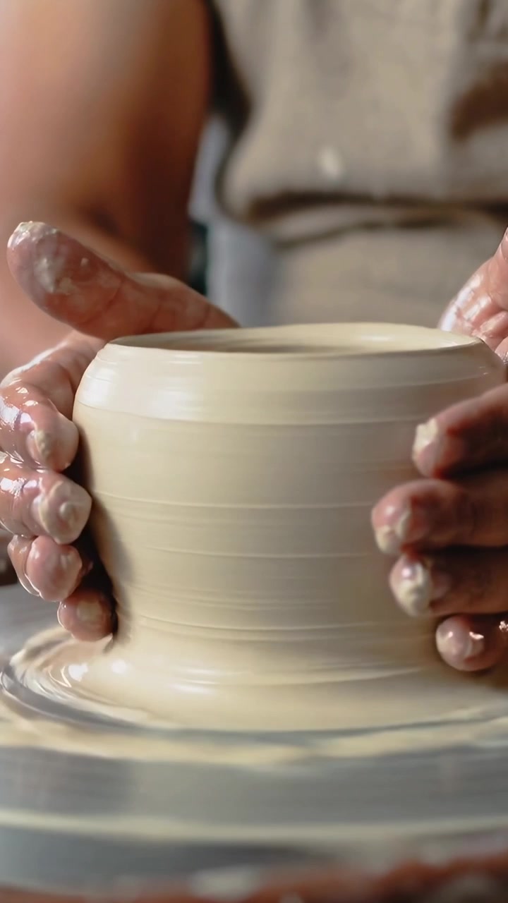 Vertical video: Wheel spinning aproned hands centering pulling up clay forming vessel at studio
