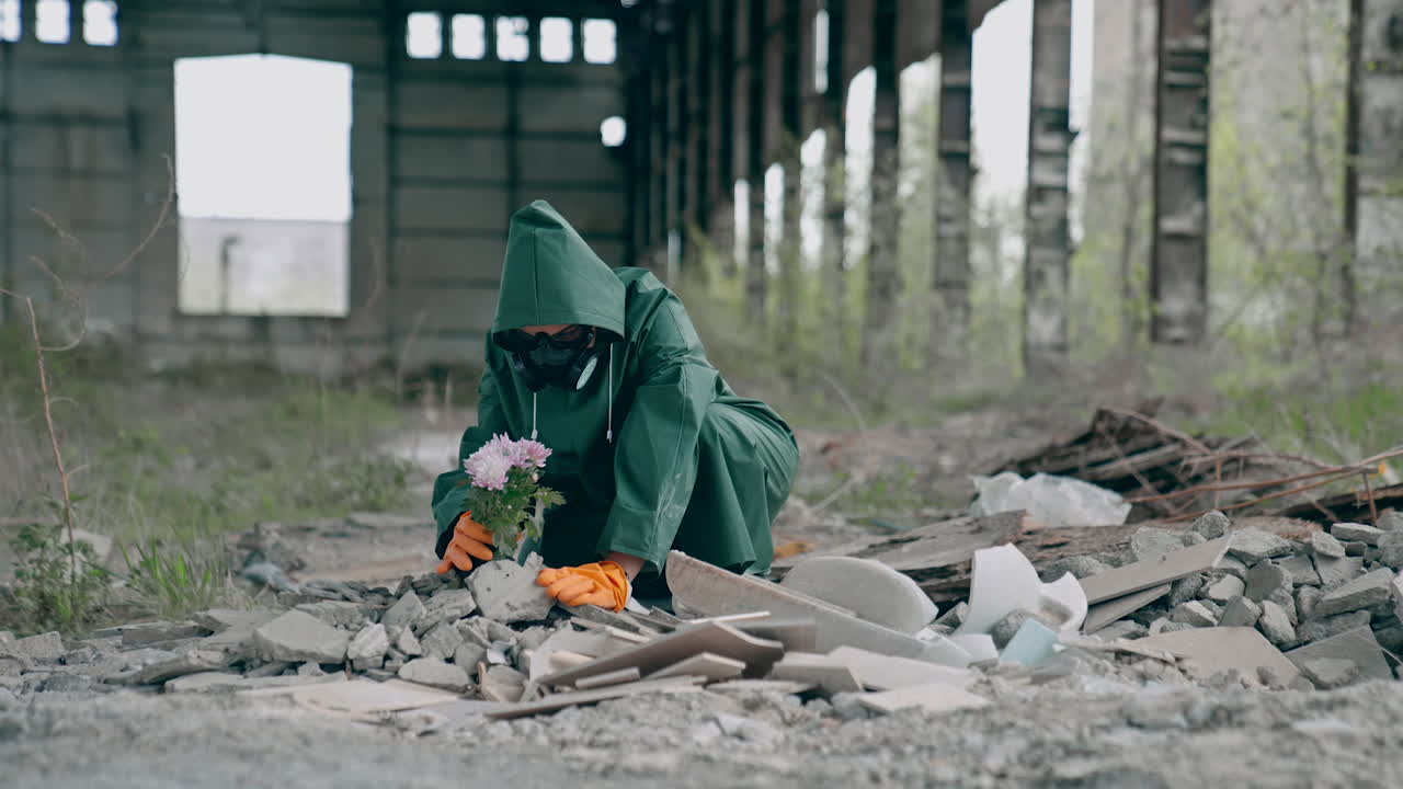 Human trying to save flowers in radioactive zone. Ecologist in safety green suit and gas mask with bunch of flowers inside the ruined building. Chemical attack.