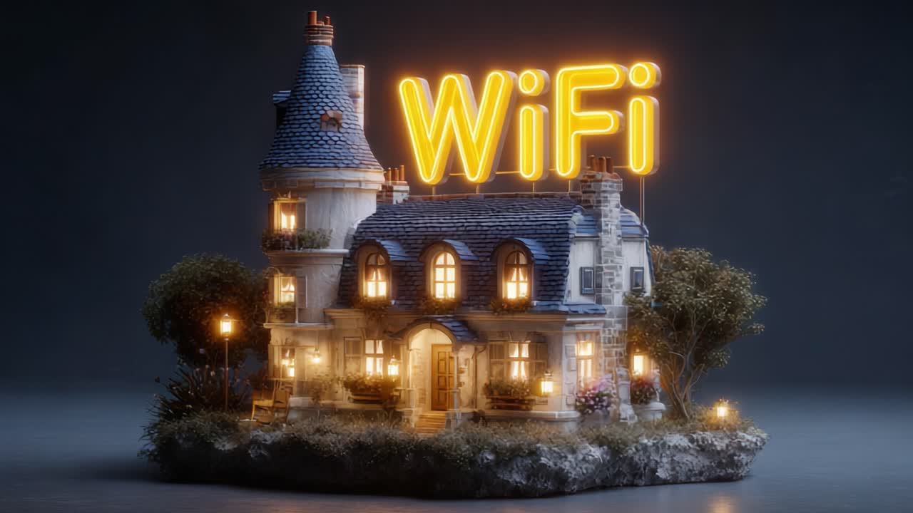 A whimsical and enchanting digital representation of a cozy house illuminated by vibrant WiFi signage, combining charm and modern technology in a captivating visual display
