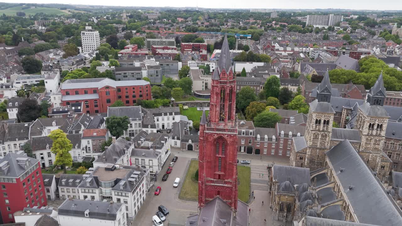 Aerial View of a European City with Prominent Church Tower
