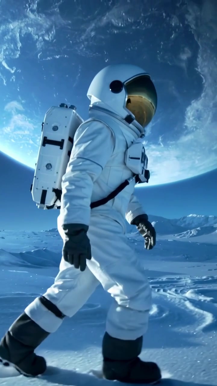 Video vertical: Astronauta con traje espacial dando el primer paso, caminando por una llanura helada y explorando con una mochila de soporte vital.