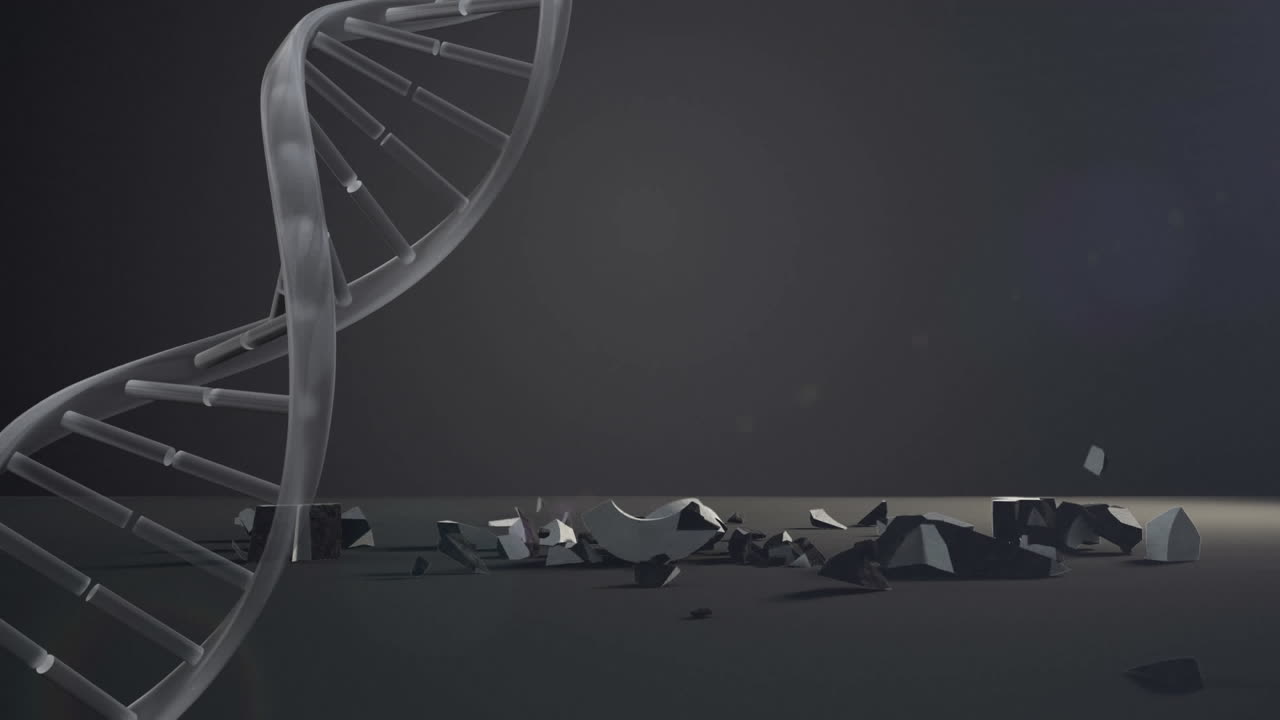 Dna structure spinning over dollar currency symbol falling and breaking against grey background