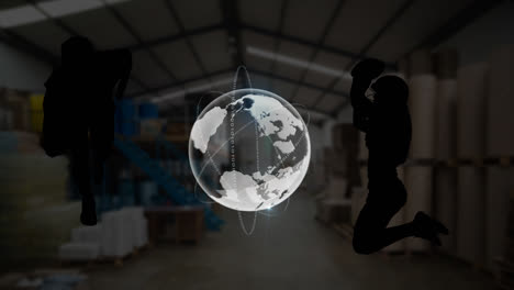 animación del globo y las siluetas sobre el almacén