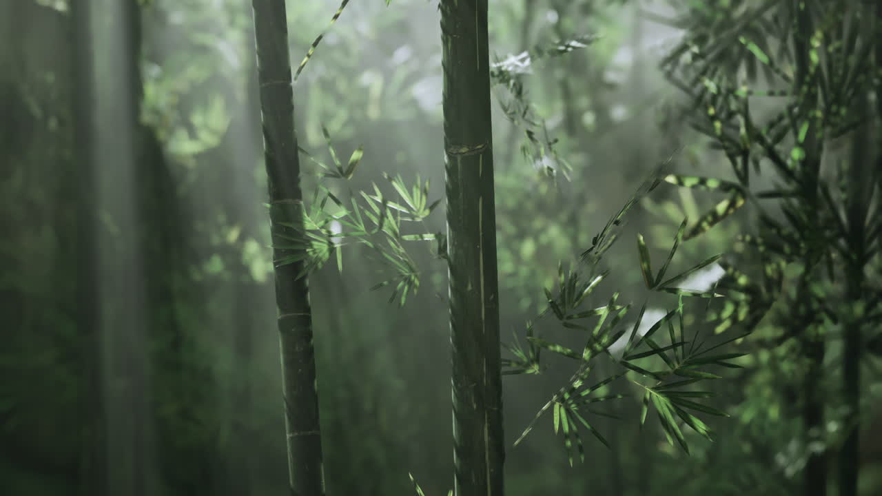 Bamboo forest with sunlight filtering through foliage in a tranquil setting