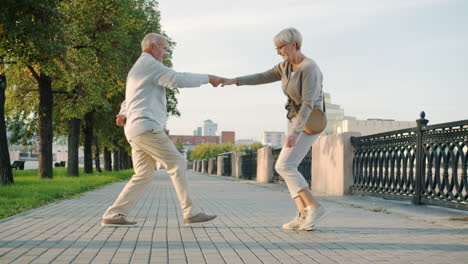 happy senior couple dancing in park