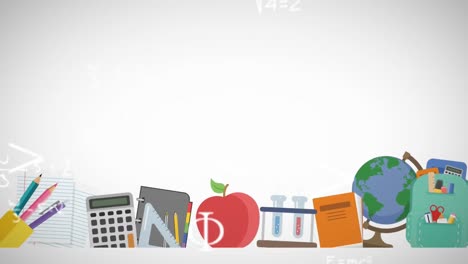 animación de ecuaciones matemáticas e iconos escolares sobre fondo blanco
