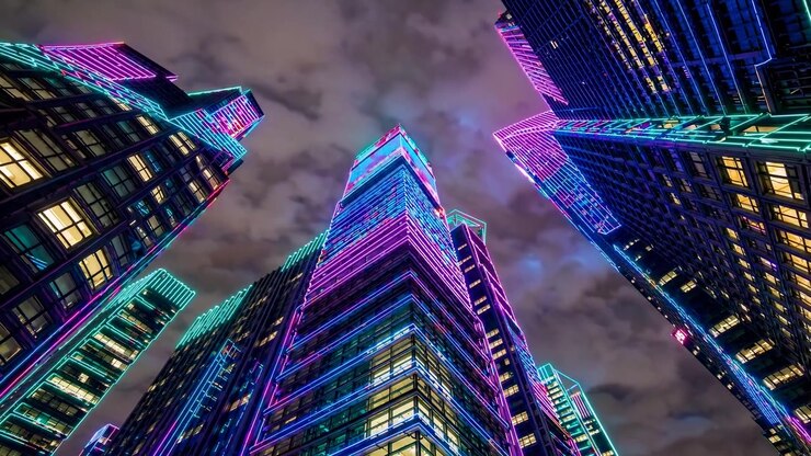 Vista em ângulo baixo de arranha-céus modernos com iluminação neon à noite