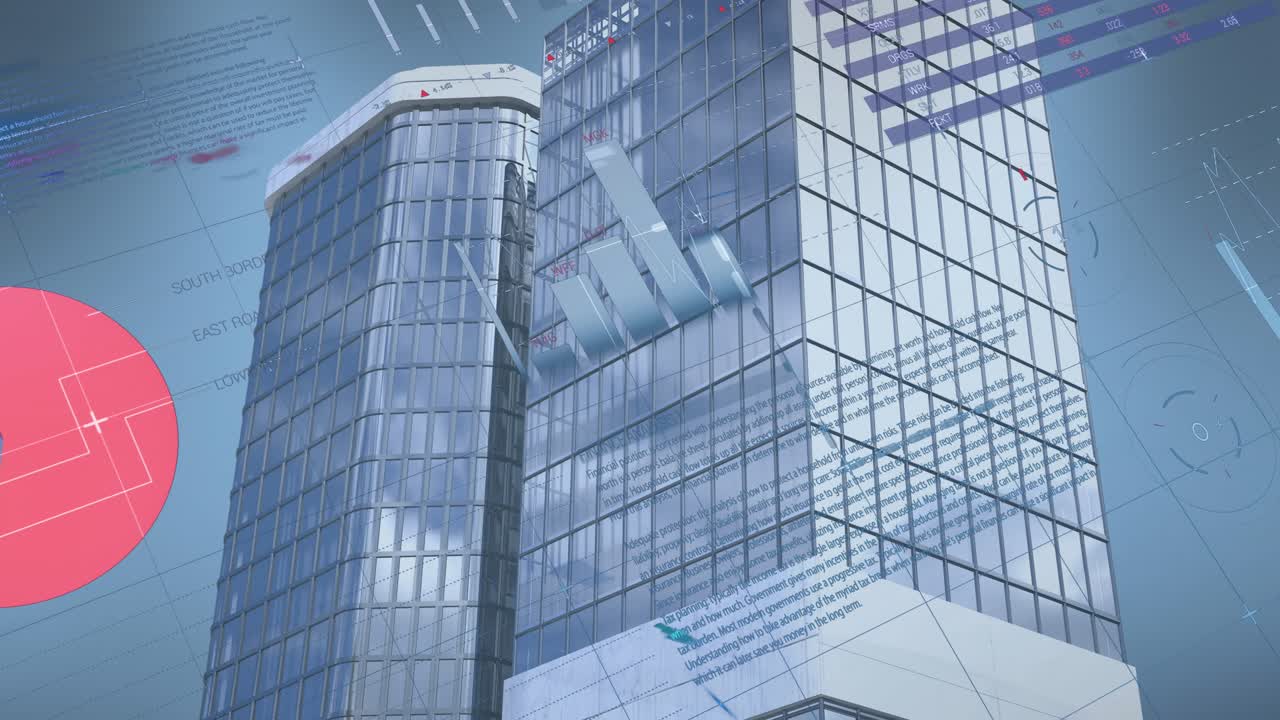資料處理動畫，疊加在現代建築物上。