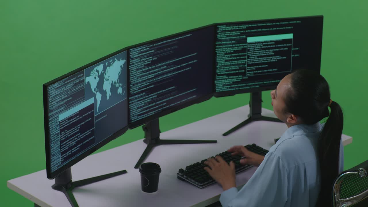 vista lateral de una desarrolladora asiática cansada estirándose mientras escribe código con múltiples pantallas de computadora en el estudio de pantalla verde