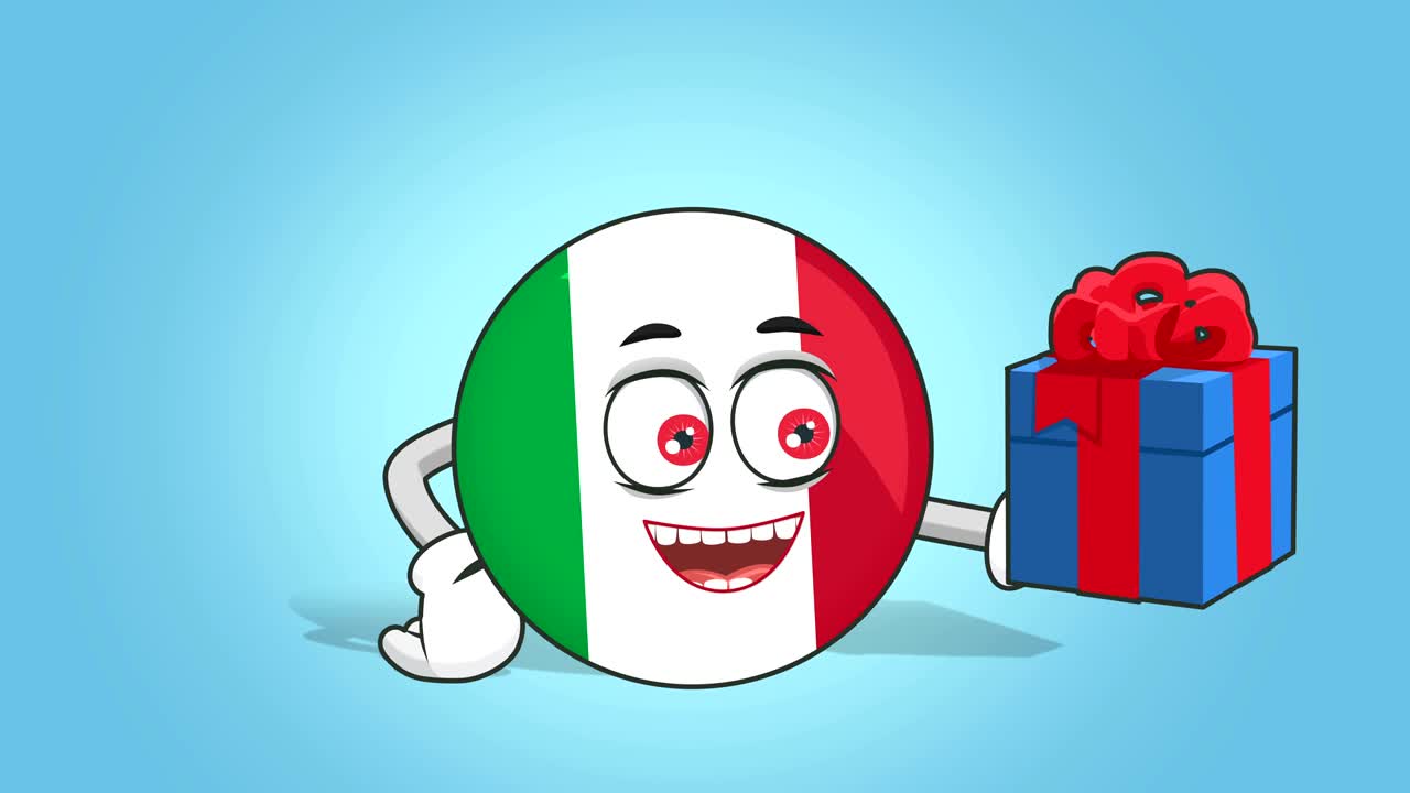 Icono de dibujos animados Bandera de Italia Caja de Regalo con Animación Facial con Mate Alfa