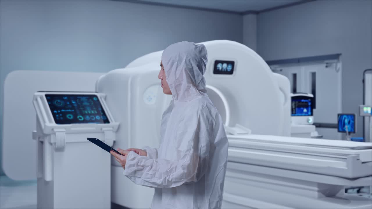 Side View Of Asian Male Scientist Using A Tablet And Looking Around While Standing With MRI Machine In The Hospital