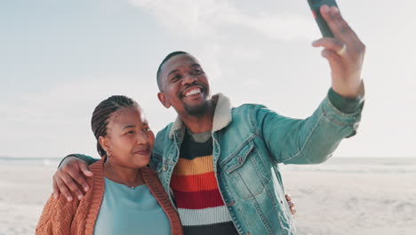 Couple,-beach-and-selfie-with-smile-for-vacation