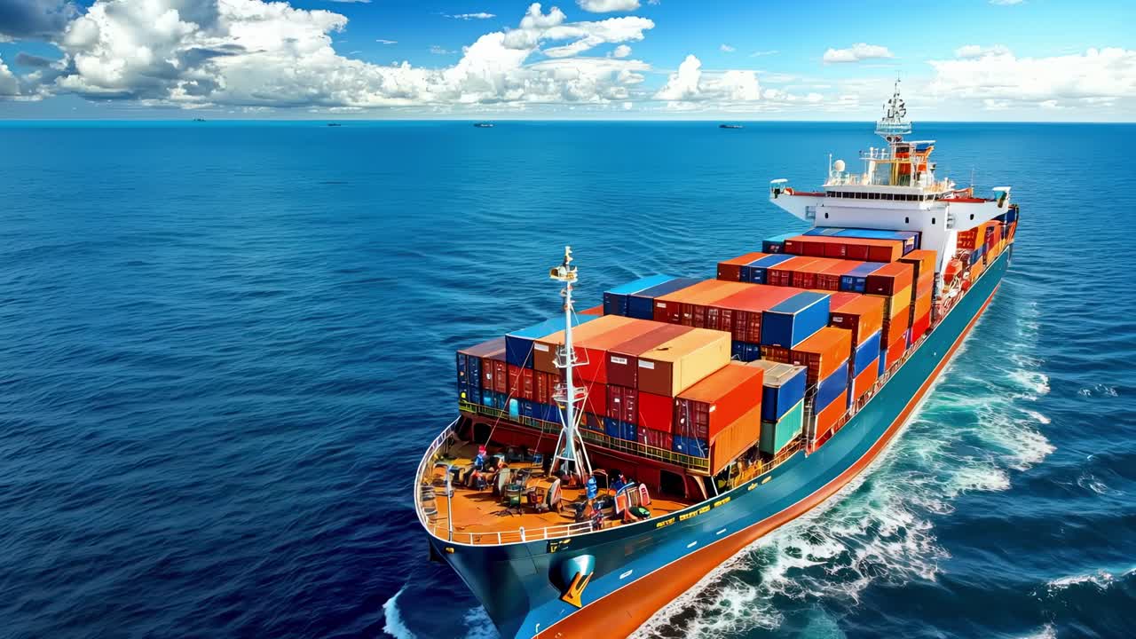 Aerial view of a cargo ship navigating the ocean, showcasing vibrant containers