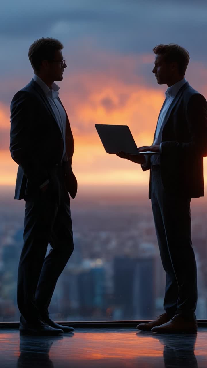 Due professionisti impegnati in una conversazione sullo sfondo di un tramonto mozzafiato, che riflette un momento di collaborazione e innovazione nel paesaggio urbano