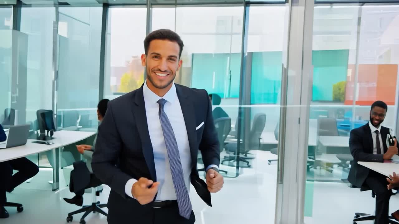 joven empresario celebra un reciente éxito bailando alegremente en la oficina, mientras que los colegas continúan su trabajo en el fondo, creando una animada atmósfera corporativa