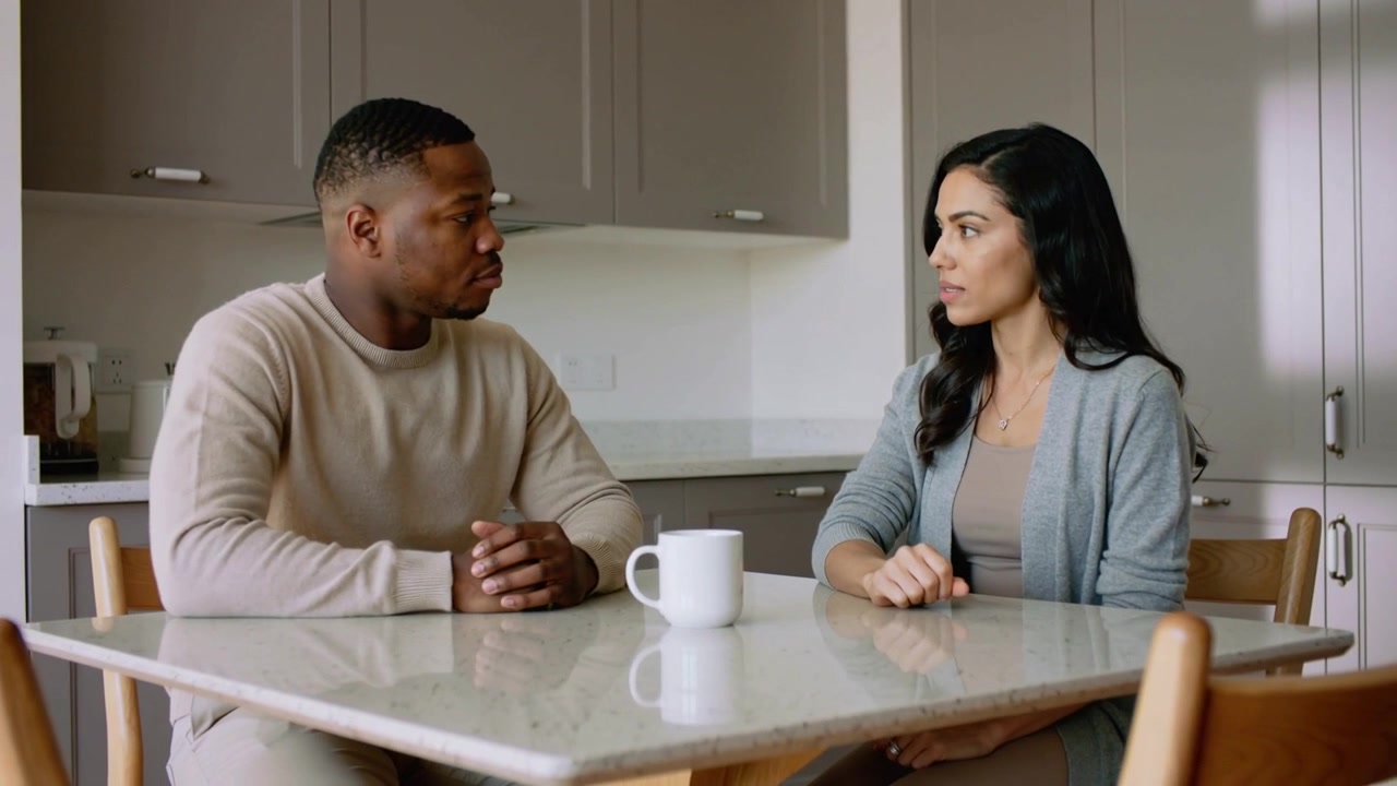Adjusting mug, couple in casual clothes leaning, talking at kitchen table, white mug centered