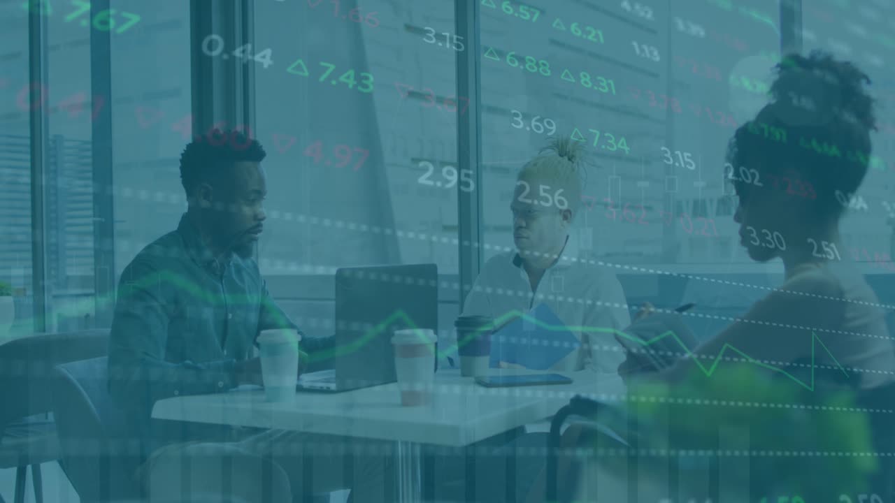 Animation of financial data over diverse coworkers in office
