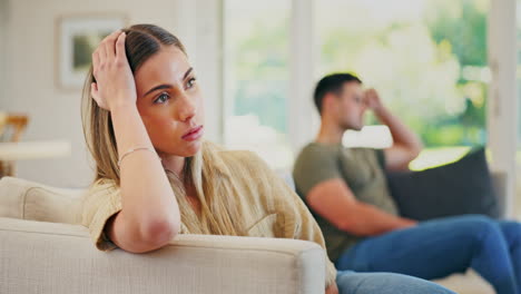 couple, fight and stress of divorce on sofa