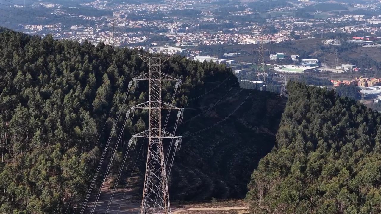 Záběr dronem na elektrické vedení a stožáry vysokého napětí napříč eukalyptovými monokulturami v Portugalsku.