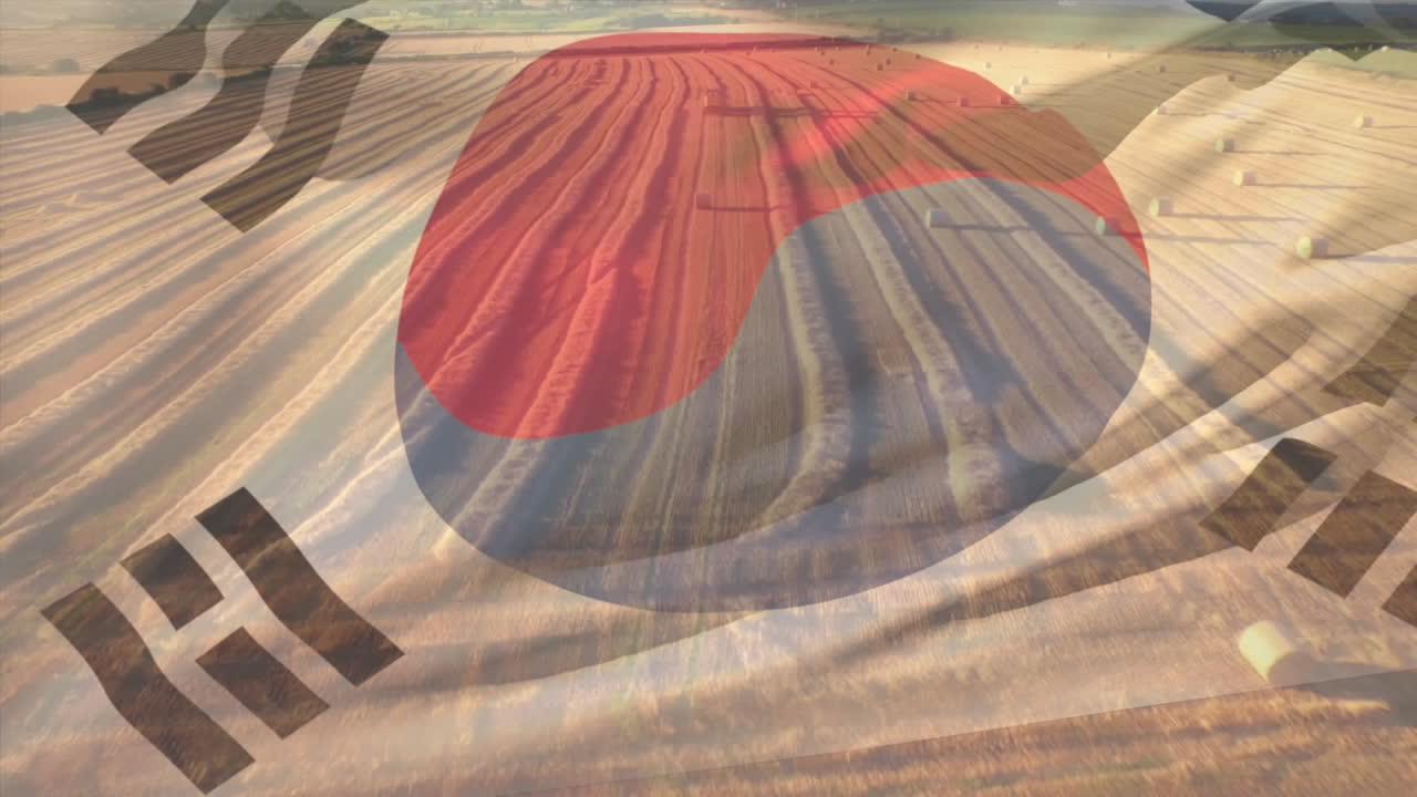 Animation of flag of china blowing over ploughed field with hay bales