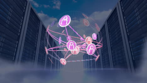 Network of connections and data processing animation over server room background