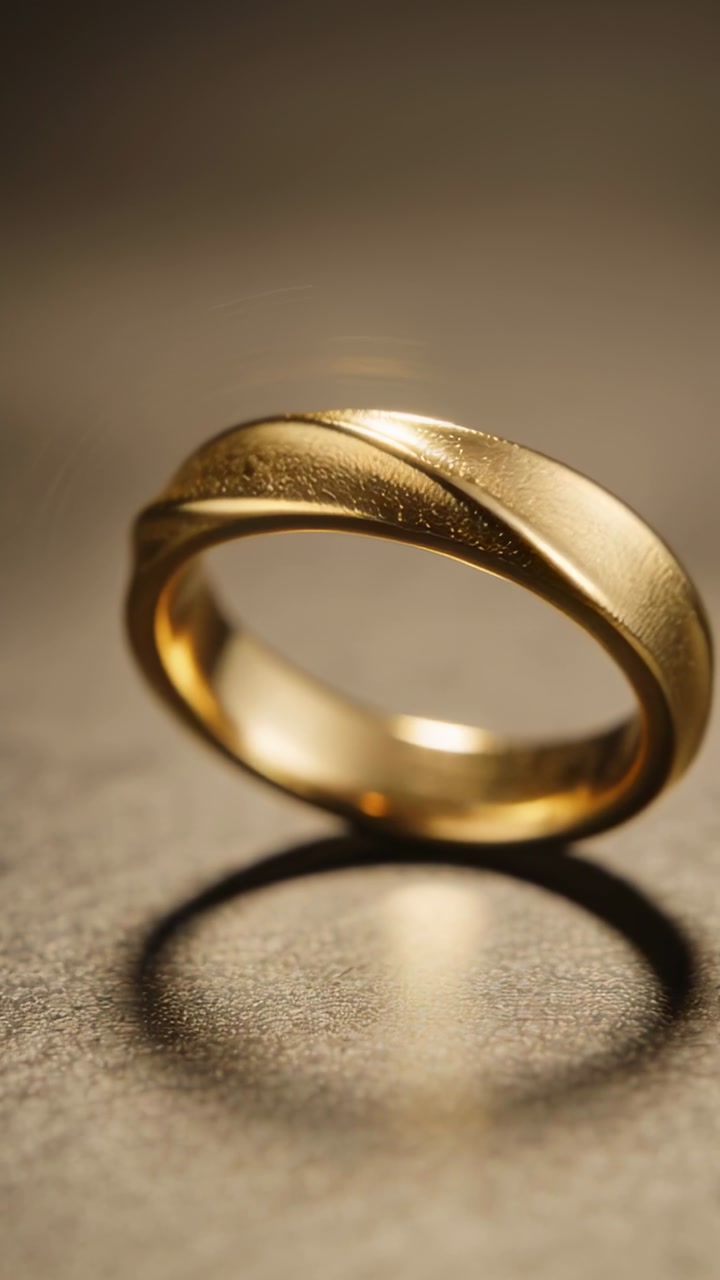 Vertical video: Spinning gold ring after push, rotating on surface for showcase, casting shadow