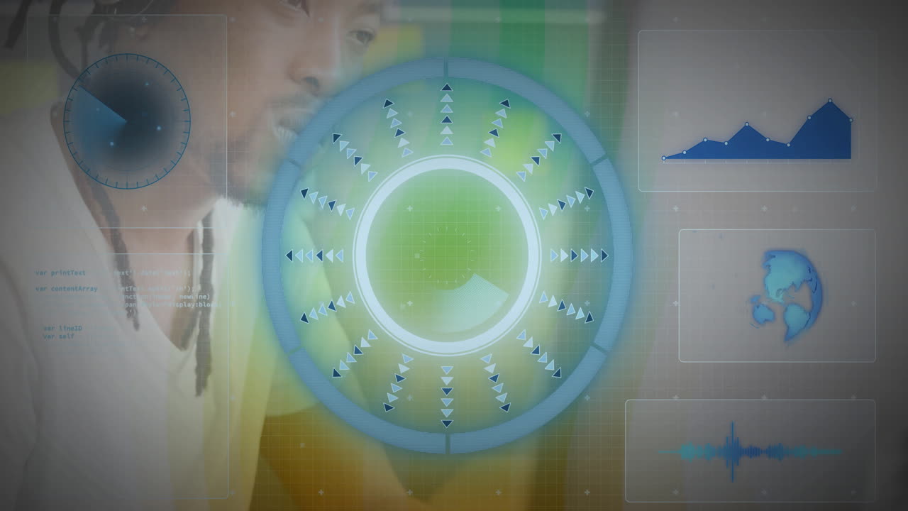 Male data analyst navigating high-tech workspace, displaying circular gauge, line graph, code panel