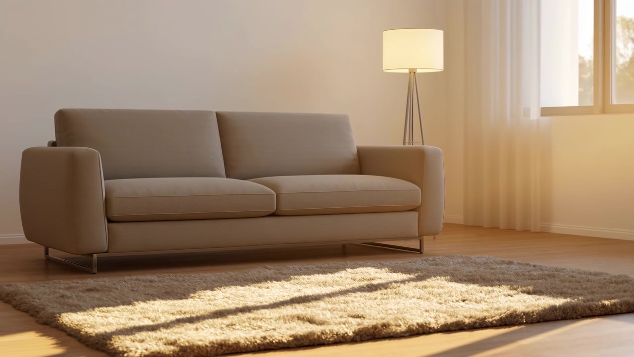 Moderne stue med sofa og tæppe, badet i varmt sollys, neutralt beige polstring, blødt langluvet tæppe, stativ.