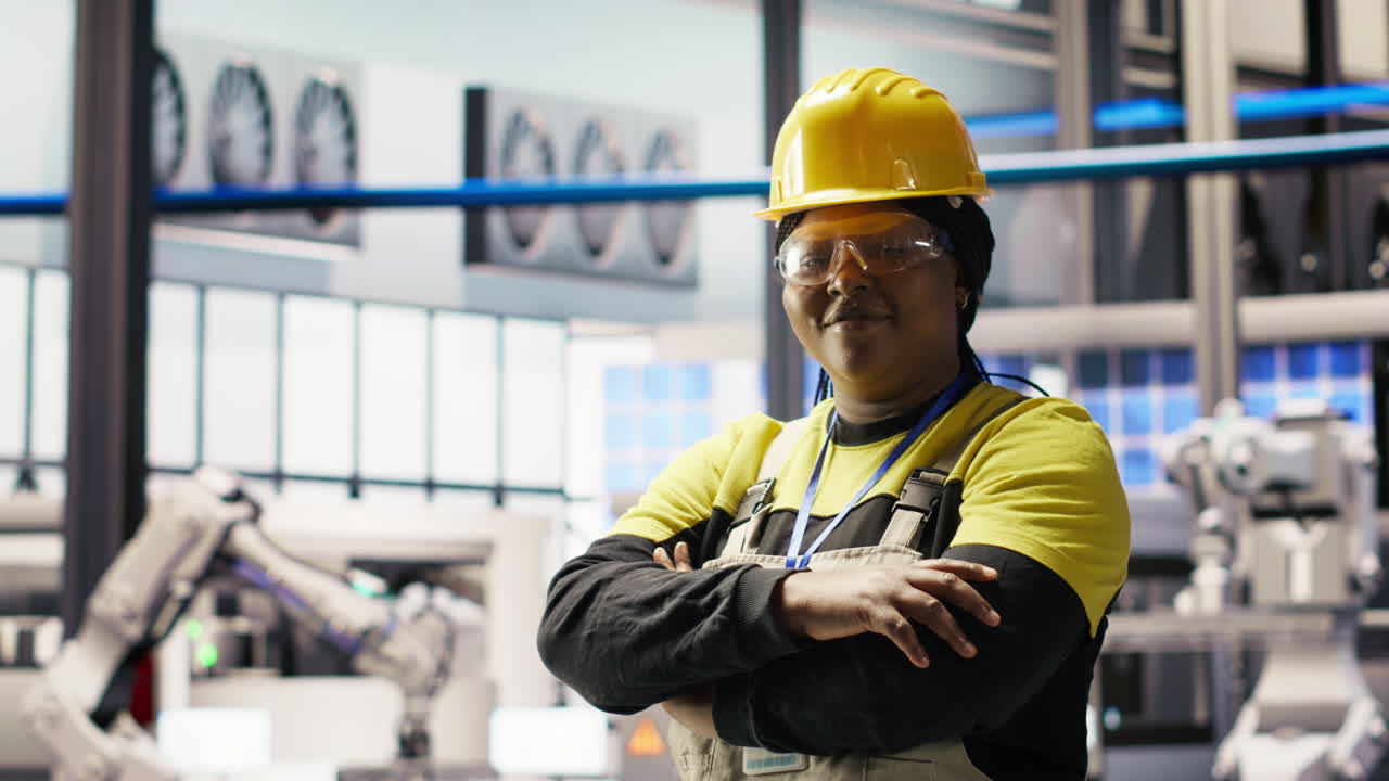 Vídeo vertical: Retrato de engenheiro alegre de fábrica inteligente calibrando maquinário de alta tecnologia