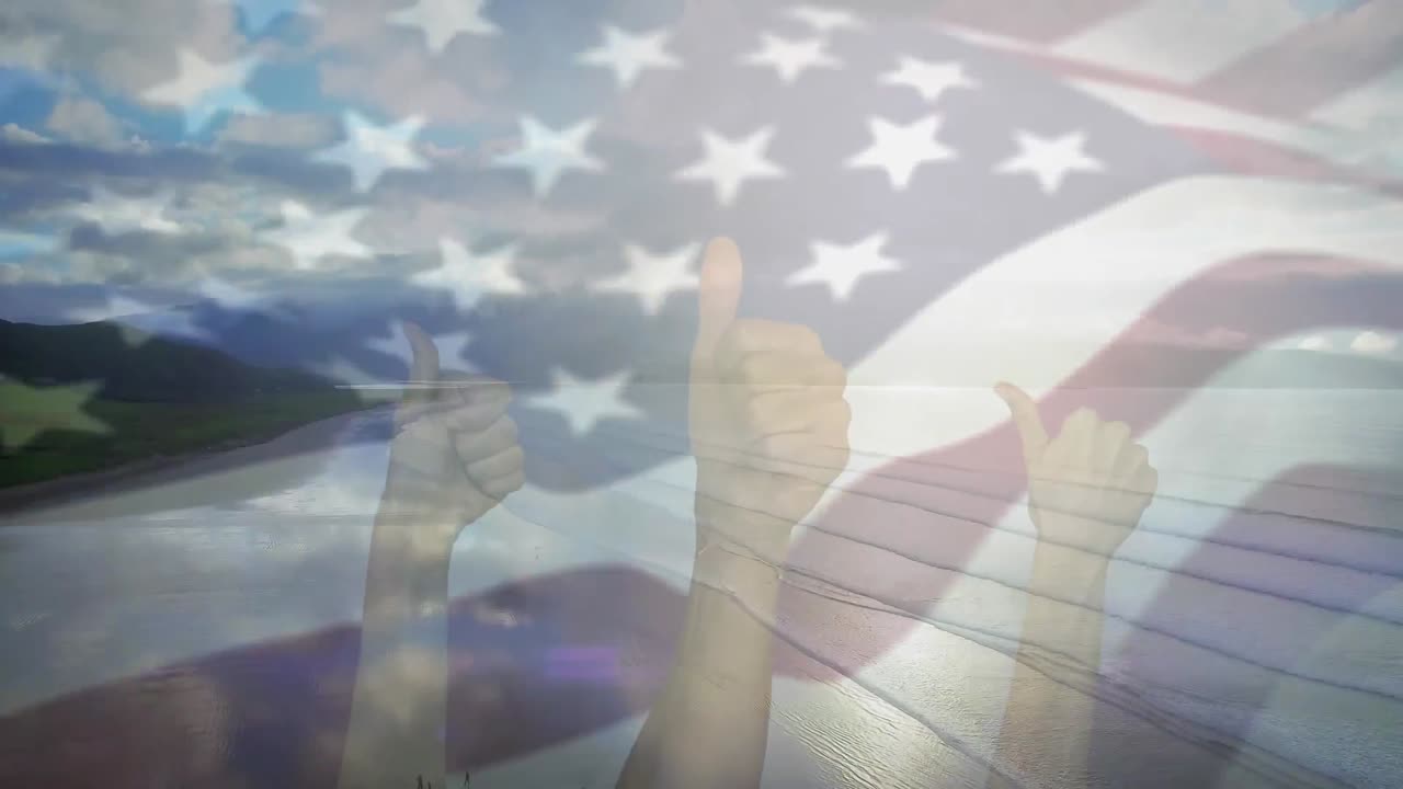 Animation of flag of usa blowing over hands in okay gesture over beach landscape