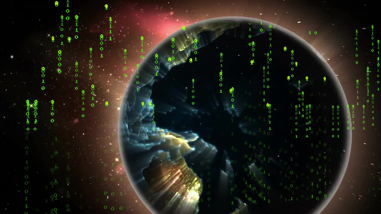 Cascading green binary code over Earth with cosmic animation background
