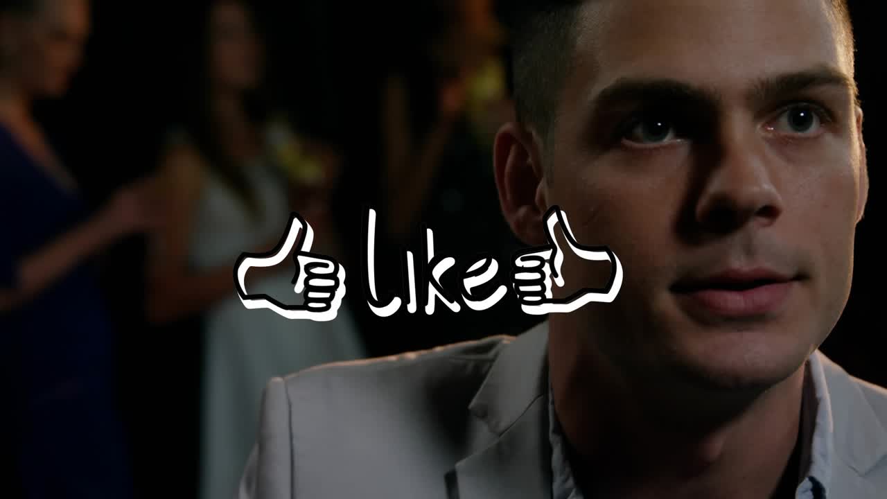 Man checking crowd, lifting, sipping tumbler in bar, like overlay staying over man through glitch