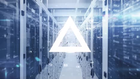animation of triangles, globe with connections and data processing over computer servers