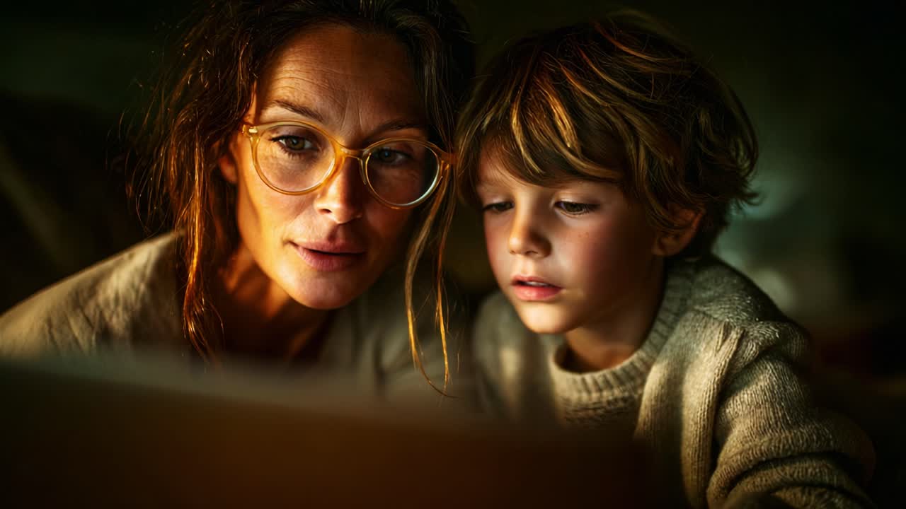 Engaging Moments: A Mother and Child Share a Captivating Experience Together, Delving into a Screen that Sparks Curiosity and Connection, Illuminated by Warm Ambient Light