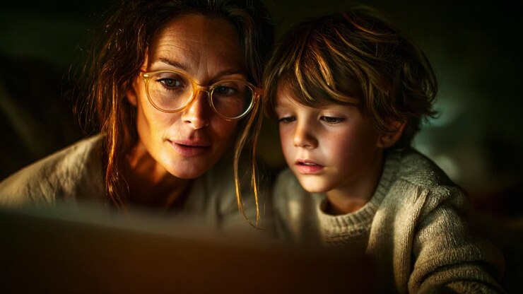 Engaging Moments: A Mother and Child Share a Captivating Experience Together, Delving into a Screen that Sparks Curiosity and Connection, Illuminated by Warm Ambient Light