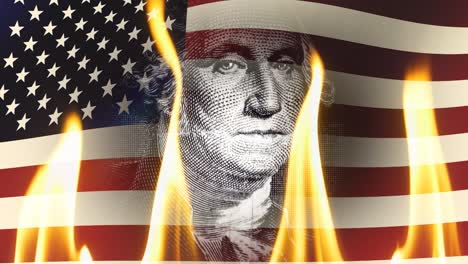 retrato de george washington en un billete de cien dólares en llamas contra el fondo de una bandera de estados unidos ondeando. video conceptual en cámara lenta 4k. la idea de una crisis financiera.