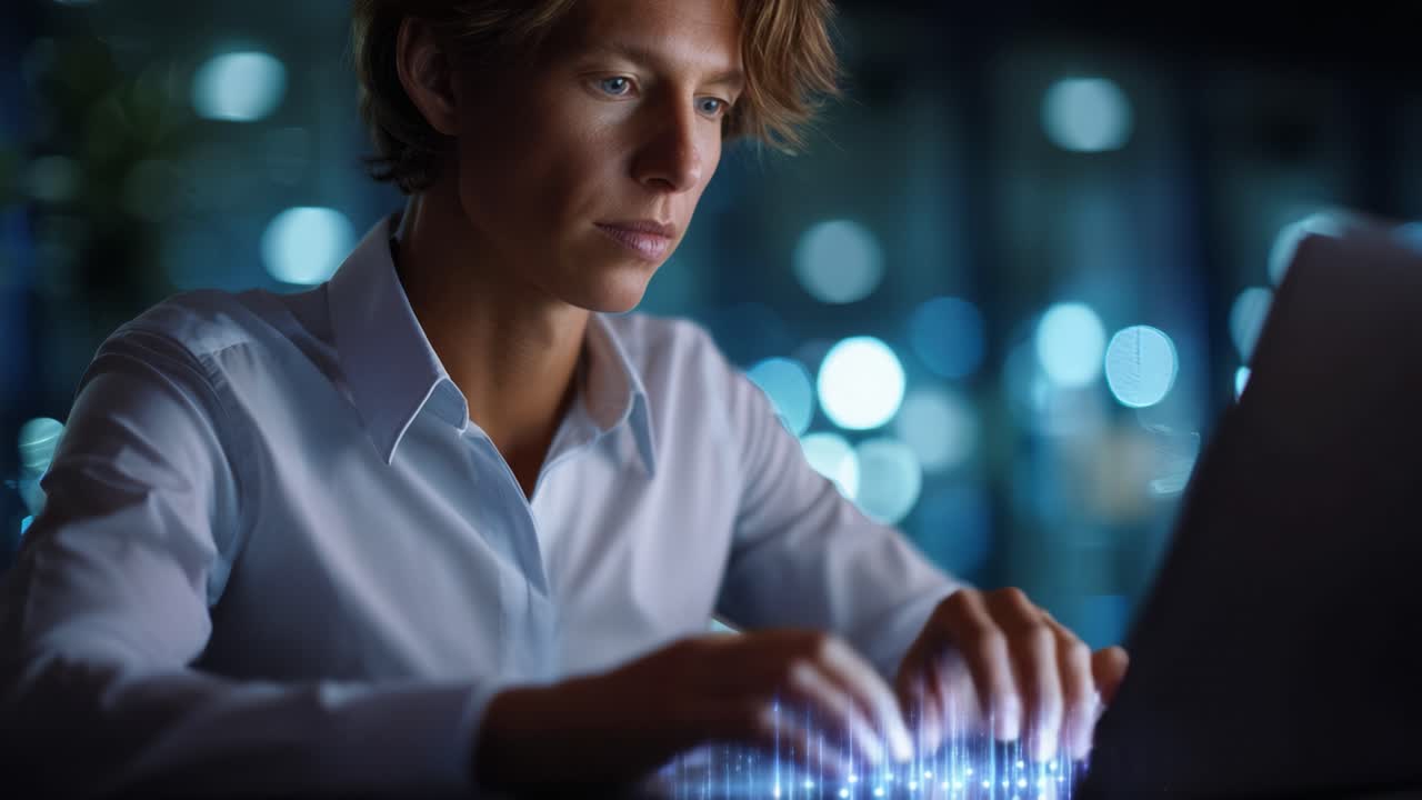 Focused Young Man Engaged in Work on Laptop with Soft Ambient Lighting in Background, Showcasing Modern Technology and Concentration During Nighttime Hours