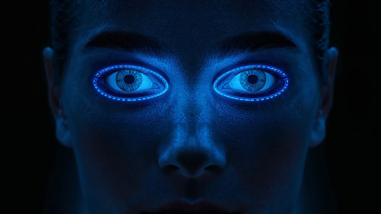 Activating female face showing bright cyan eye ovals powering up in dark studio, with dotted rings