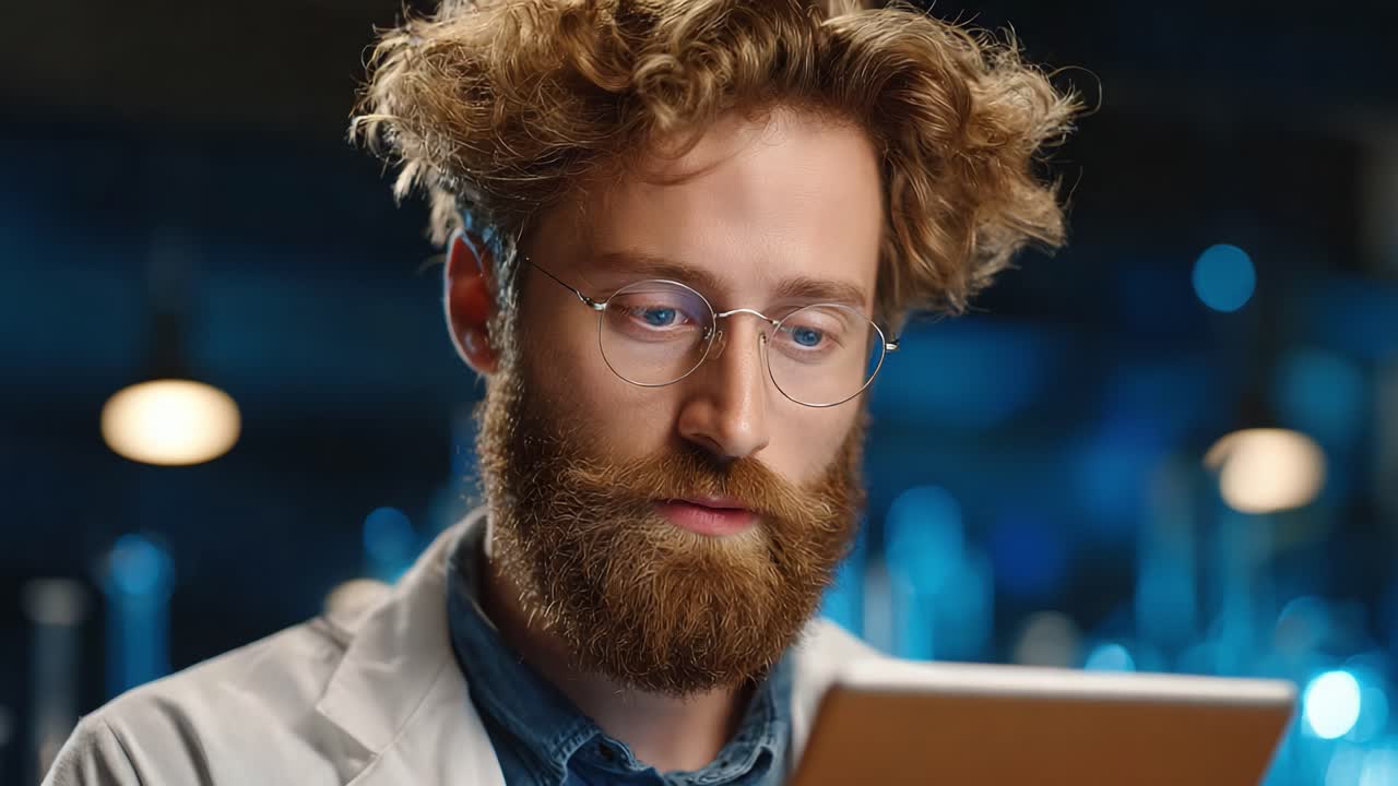 A Focused Scientist Analyzing Data on a Tablet in a High-Tech Laboratory Environment, Highlighting the Importance of Research and Innovation in Modern Science
