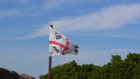 Flagge-Von-Sardinien-Weht-An-Einem-Windigen-Tag-Gegen-Den-Blauen-Himmel,-Statische-Ansicht