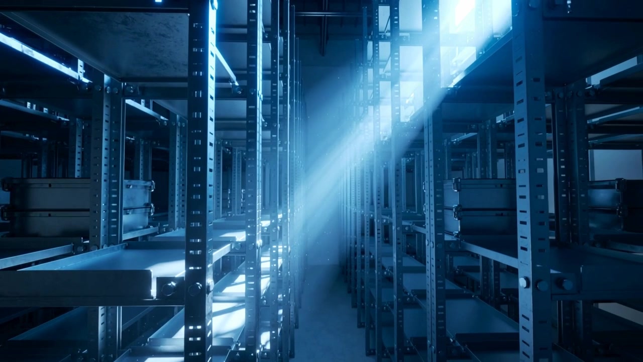 Entering light shaft illuminating center metal racks in narrow storage aisle, revealing dust motes