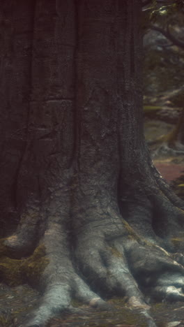 closeup of a large tree trunk with exposed roots